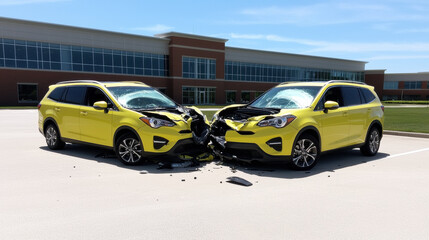 Fototapeta premium dramatic scene of three car collision in parking lot, featuring two bright yellow SUVs with significant front end damage. vehicles are positioned closely, showcasing impact of crash under clear blue