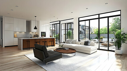 Fototapeta premium Modern Open Concept Living Room with Kitchen and Patio Views, Featuring a White Sofa, Black Armchair, and Wooden Coffee Table