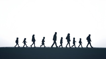 Obraz premium Silhouetted Family Walking in Line on White Background,Symbol of Unity and Harmony