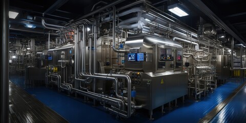Fototapeta premium A network of intricate stainless steel piping weaves through the industrial setting, showcasing the complex inner workings of a modern production facility.