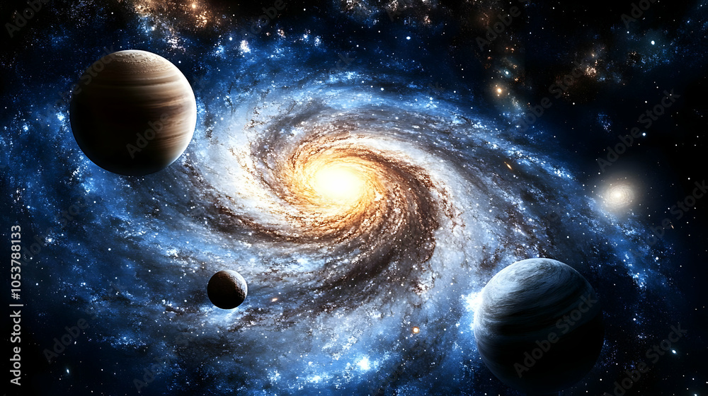 Canvas Prints a digital illustration of a spiral galaxy with planets orbiting in the vastness of space