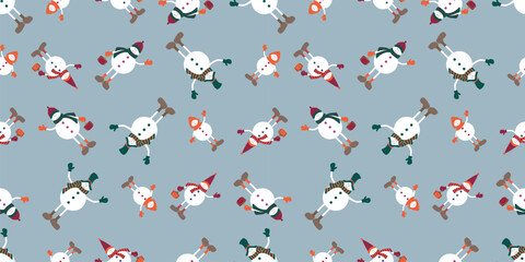 Seamless pattern of cheerful cartoon christmas snowmen, vector background, wallpaper, paper, textile, wrapping