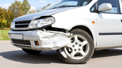Naklejka premium damaged white car with crumpled front bumper is parked on road, showcasing aftermath of collision. scene evokes sense of concern and urgency