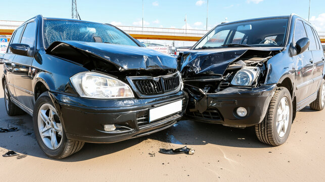 Damaged vehicles in collision, showcasing aftermath of car accident. scene captures impact and destruction, evoking sense of urgency and concern