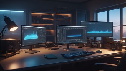 Naklejka premium illustration of a work room with a desk and computer