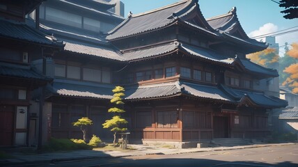 Obraz premium Old school building. Japanese anime or cartoon illustration style.