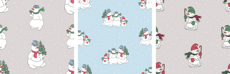 Seamless patterns of outlines cheerful christmas snowmen, vector backgrounds, wallpaper, paper, wrapping