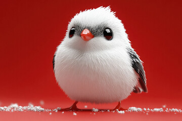 Obraz premium A cute white bird with black markings stands on a red background. Concept of warmth and innocence, as the bird's small size and fluffy appearance evoke feelings of tenderness and cuteness
