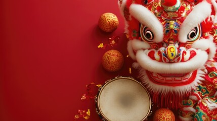 A festive arrangement featuring a lion dance costume and drums celebrating the Lunar New Year presented in a flat lay format with ample copy space