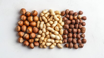 Fototapeta premium Fresh raw hazelnuts peanuts and walnuts displayed from a top view on a white surface