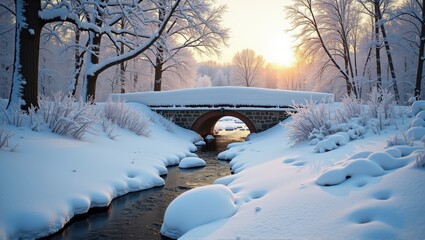 Winter landscape with snow-covered trees and a bridge over a river at sunrise, serene and picturesque. Generative, AI,