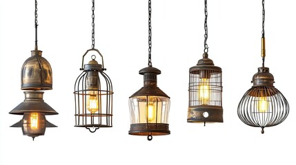 Obraz premium Set of cage pendant lights with unique designs, front view, isolated on white.
