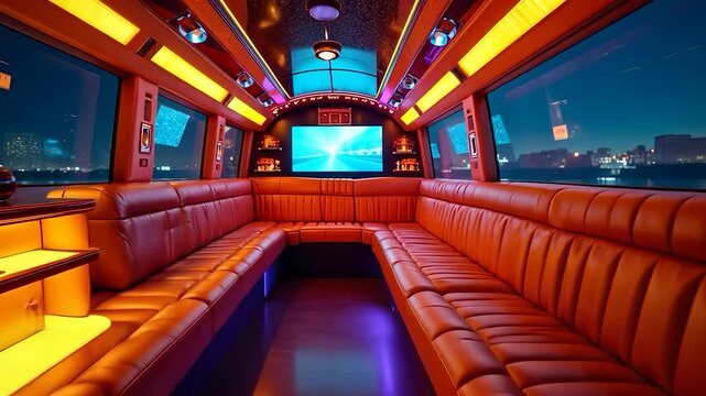 Party Bus Interior with Red Leather Seats, TV and City Skyline View