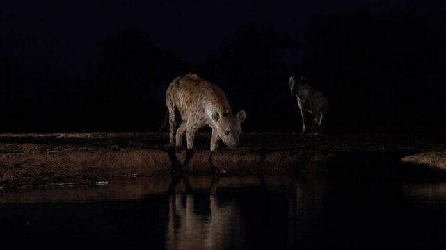 Spotted hyena drinking water at night