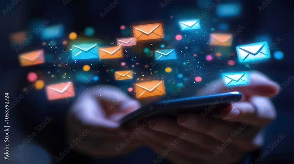 Aufkleber person using smartphone with glowing email icons floating around.