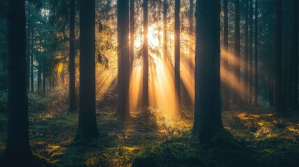 Obraz premium Sunlight streaming through trees in a forest creating a serene and captivating atmosphere perfect for nature inspired wallpaper