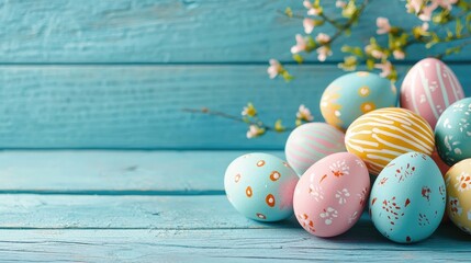 Obraz premium Vintage Easter Eggs On A Blue Wooden Background