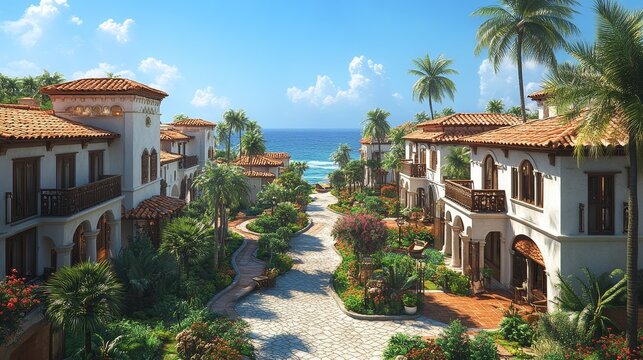 Eagle-eye view of a Mediterranean-style apartment complex with terracotta roof tiles, white plaster walls, arched windows, and ocean views, photorealistic