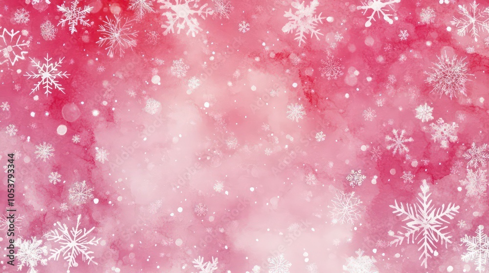 Poster a soft pink background adorned with white snowflakes, creating a wintery atmosphere.