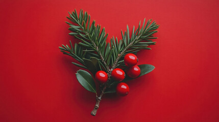 A red background with a red leafy branch with red berries on it. The berries are small and round