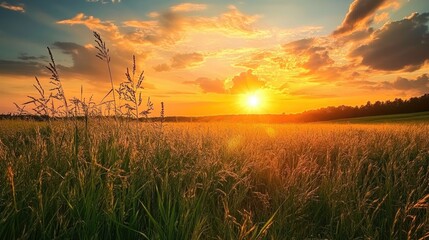 Stunning sunset over a grassy field during the evening