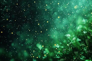 Abstract green background with bokeh lights and blurred flowers.