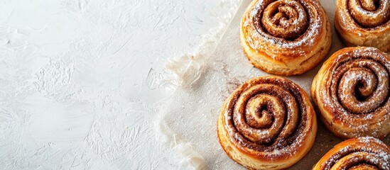 Fototapeta premium Composition With Tasty Cinnamon Rolls On Light Background