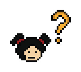 Obraz premium Cute pixel cartoon character woman with question mark decoration 8 bit female girl lady confused idea question think choose cartoon pixel game png vector.