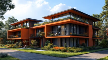 Wide view of a modern duplex apartment building with a unique structure, glass railings, and rooftop gardens for each floor, photorealistic