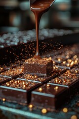 Obraz premium Melted Chocolate Pouring Over Golden Sprinkle-Topped Chocolate Bars