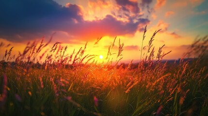 Stunning sunset over a grassy field during the evening