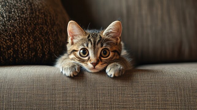 Adorable upset kitten gazes indignantly at the camera while perched on the couch