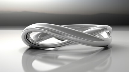 Fototapeta premium A smooth, metallic infinity symbol reflects on a white surface, creating a mesmerizing optical illusion.
