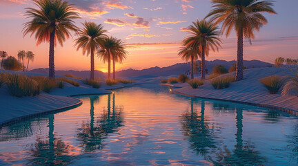 Obraz premium Desert oasis at twilight, surrounded by palm trees and sand dunes glowing with warm colors, clear pool of water reflecting the sky.