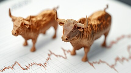 Obraz premium Two gold bull statues are on a graph with a downward trend