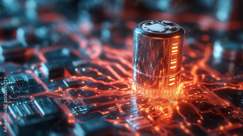 Poster A close-up view of a circuit board with glowing elements and a cylindrical component.