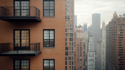 Obraz premium Eagle-eye view of an elegant New York apartment building with red brick facade, classic black iron balconies, and high-rise skyline backdrop, photorealistic