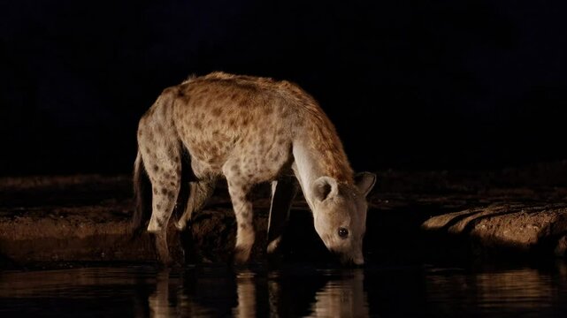 Spotted hyena drinking water and peeing at night