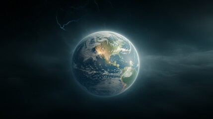 Earth enveloped by wild tornadoes, swirling violently around the globe surface, ripping through landscapes, with dark clouds and lightning flashing above, photorealistic