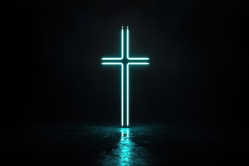A glowing white neon cross stands out against a black background, evoking purity, spirituality, and minimalism. Perfect for themes of modern faith, simplicity, and spiritual reflection.
