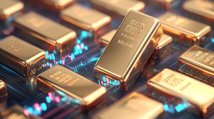 Illuminated Gold Bars Boosting Inflation Trend in 3D C4D Style with High Luminosity Neon Highlights - 32K Resolution