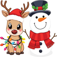 Cute Reindeer And Snowman Flat Character Vector Illustration On Isolated White Background