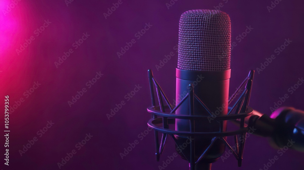 Poster a close-up of a microphone against a colorful background, ideal for recording or broadcasting.