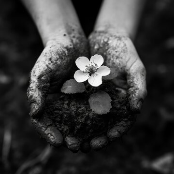 black and white simple picture of hand holding mud with leavy flower like usual environmental symbol