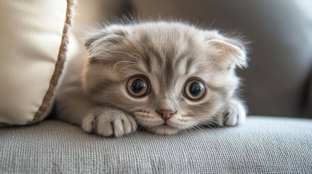 Adorable upset kitten gazes indignantly at the camera while perched on the couch