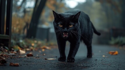 A black cat growls while it strolls along