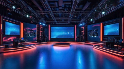 Obraz premium A modern studio set with screens and lighting, designed for broadcasting or presentations.