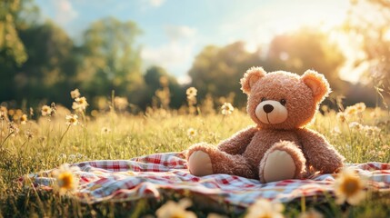A charming teddy bear resting on a picnic blanket in a sunny meadow during a warm day
