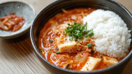 Korean dish featuring kimchi served alongside a bowl of rice