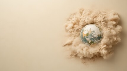 Earth engulfed in swirling dust and sand, desertification spreading across the globe, showing severe environmental degradation, photorealistic
